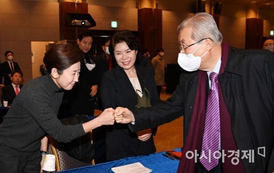국민의힘 서울시장 경선후보인 나경원 후보가 29일 서울 용산구 백범김구기념관에서 열린 후보 비전스토리텔링PT에서 김종인 비대위원장과 인사를 나누고 있다./국회사진기자단