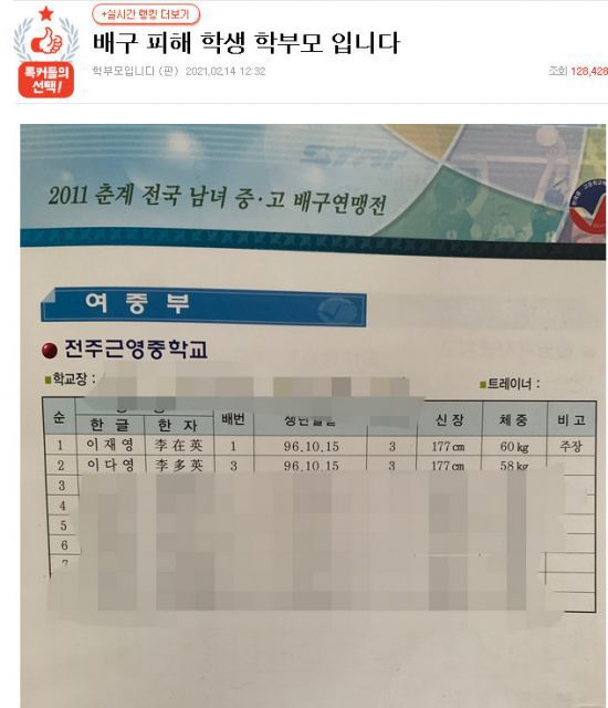 학폭 피해자 부모 C씨가 온라인 커뮤니티에 올린 선수명단. 사진=네이트판 캡쳐