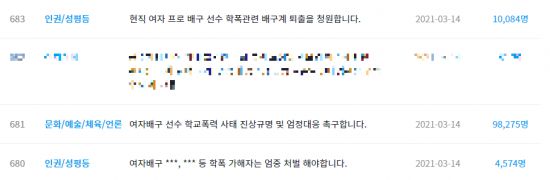 청와대 국민청원 게시판에 배구계 학폭 가해자로 지목된 선수들의 처벌을 촉구하는 청원 글이 게시돼 있다. 사진=청와대 국민청원 게시판 캡쳐