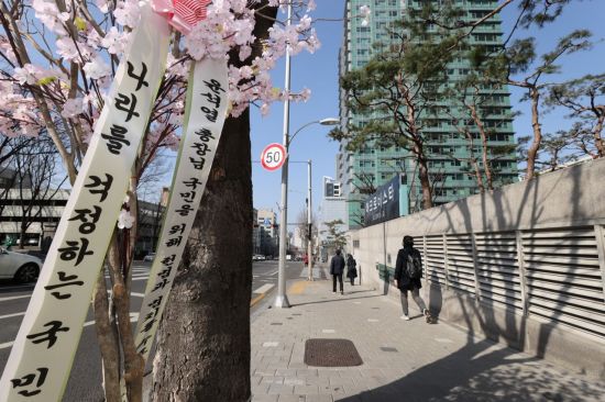 문재인 대통령이 윤석열 검찰총장 면직안을 재가한 지난 5일 오후 서울 서초구 윤 전 총장 자택 앞에 지지자가 보낸 벚꽃 조화가 걸려 있다. / 사진=연합뉴스