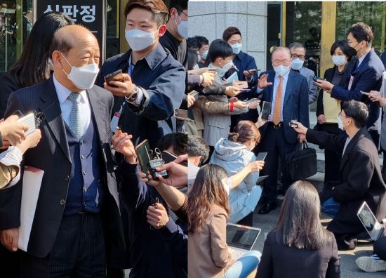 임성근 전 부산고법 부장판사 탄핵심판 사건의 청구인측 대리인 송두환 변호사(왼쪽)와 피청구인측 대리인 이동흡 변호사가 24일 서울 종로구 재동 헌법재판소에서 변론준비기일이 끝난 뒤 취재진의 질문에 답하고 있다./최석진 기자