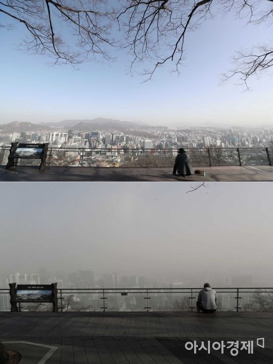 29일 서울 남산에서 바라본 도심 풍경(아래 사진)이 미세먼지와 초미세먼지, 황사의 영향으로 뿌옇다. 지난 16일 풍경(위 사진)과 대조적이다. 전국에 황사경보가 발령된 것은 6년 1개월 만이다. /문호남 기자 munonam@