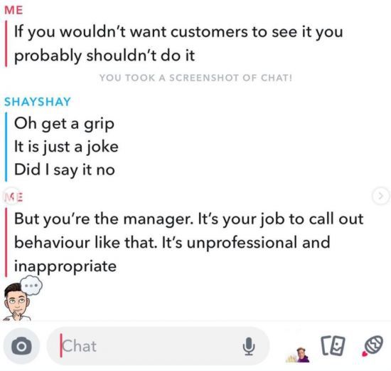 알렉스 씨가 식당 관리자의 스냅챗 계정에 인종차별발언과 부적절한 태도를 지적하는 메시지를 보내자 식당 주인은 "농담이다"라고 답했다. [사진=인스타그램]