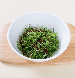 3. 세발나물에 분량의 양념 재료를 넣어 살살 버무린다. (고춧가루 0.3, 멸치액젓 1, 깨소금·참기름 약간씩)