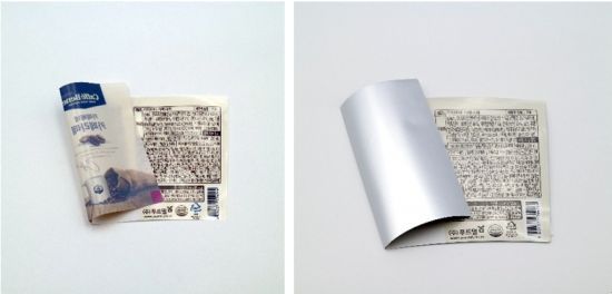 SR테크노팩의 ‘GB-8’이 적용된 포장재(왼쪽)와 알루미늄 박을 입힌 포장재. 사진제공 = SR테크노팩