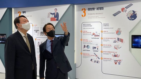 대권주자인 윤석열 전 검찰총장이 지난달 2일 서울 동작구 상도동 김영삼 대통령 기념관을 방문, 김현철 김영삼민주센터 상임이사와 기념관을 둘러보고 있다. (사진제공=연합뉴스)