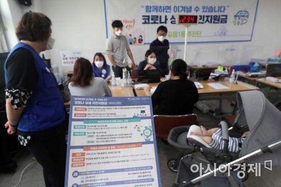 코로나19 상생 국민지원금 오프라인 신청 첫날인 13일 서울 성북구 길음1동 주민센터에서 시민들이 관련 상담을 받고 있다. /문호남 기자 munonam@