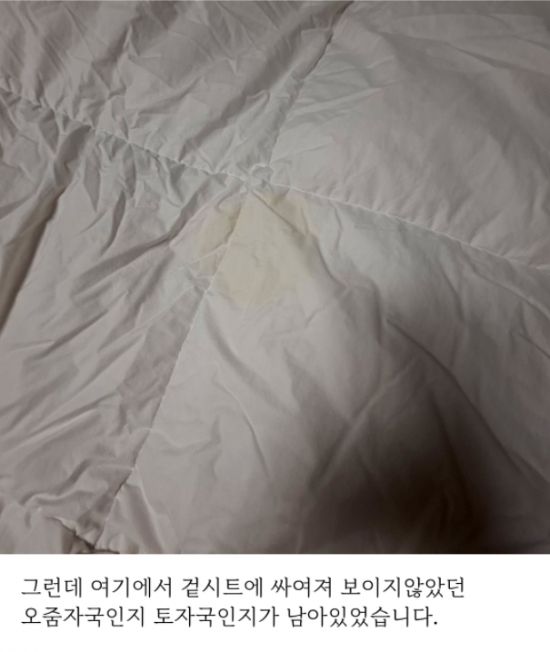 호텔 침구에 코피를 쏟아 32만원을 배상하고 이불을 받았는데 자신이 오염한 것이 아닌 '노란 얼룩'이 묻어 있었다는 누리꾼 주장./사진=네이트 판 캡처