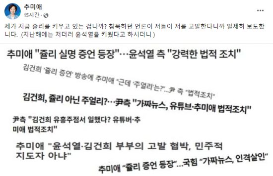 추미애 전 법무부장관은 8일 밤 자신의 페이스북을 통해 이른바 '쥴리' 의혹에 대한 자신의 의견을 밝혔다. 사진=추 전 장관 페이스북 캡처