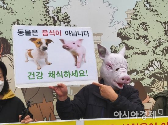 이원복 한국동물보호연합 회장이 돼지가면을 쓰고 동물보호를 강조하고 있다./박현주 기자 phj0325@