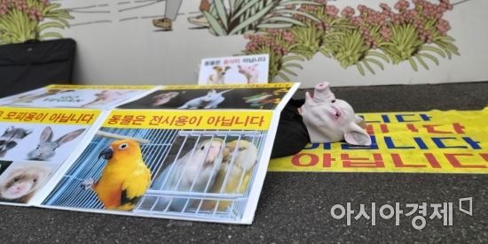 이원복 한국동물보호연합 회장이 돼지 가면을 쓴 채 바닥에 누워 구호를 외치는 모습./박현주 기자 phj0325@