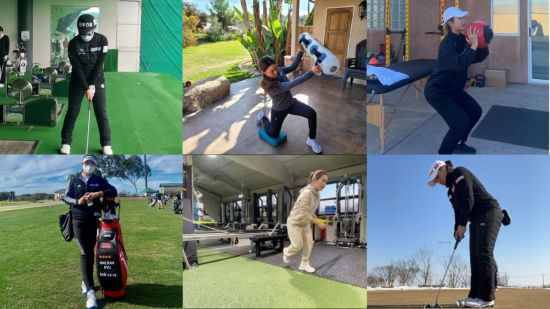 김수지와 윤이나, 손예빈, 장하나, 이다연, 유해란(왼쪽 위에서 시계방향으로)이 다가오는 시즌을 위해 땀을 흘리고 있다. 사진제공=KLPGA