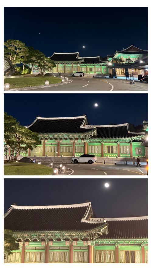 아이폰14 프로맥스로 서울 장충동 신라호텔 외관을 촬영한 모습. 저조도 상황에서 각각 1배줌, 2배줌, 3배줌으로 당겨 촬영해봤다.