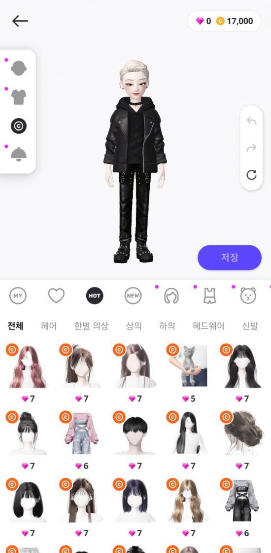 제페토 상점에서 팔리는 각종 의상과 헤어 디자인(출처=제페토 애플리케이션).