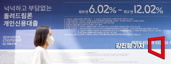은행권 대출 평균금리가 두 달 연속 상승하고 있는 가운데 31일 서울 한 시중은행 외벽에 개인신용대출 금리가 적힌 현수막이 걸려 있다. 사진=강진형 기자aymsdream@