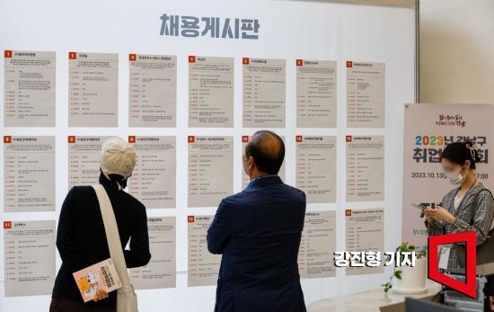 13일 서울 강남취창업허브센터에서 열린 '2023 강남구 취업박람회'에 참가한 구직자들이 채용게시판을 보고 있다. 사진=강진형 기자aymsdream@