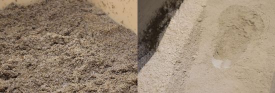 원재료인 맥주박(왼쪽)과 업사이클링을 통해 완성된 곡물가루.[사진=구은모 기자]