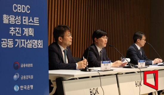 김소영 금융부위원장(가운데)이 4일 오후 서울 중구 한국은행 통합별관에서 열린 CBDC 활용성 테스트 추진 계획 공동 기자설명회에서 발언을 하고 있다. 
유상대 한국은행 부총재(왼쪽부터), 김 부위원장, 이명순 금융감독원 수석부위원장. 사진=사진공동취재단