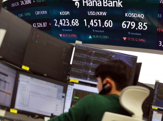 미 연방준비제도(Fed)가 금리인하 속도 조절을 시사하면서 뉴욕증시가 급락한 가운데 19일 국내 증시도 대폭 하락 출발했다. 코스피는 57.88포인트(2.33%) 내린 2426.55로 장을 시작했고 코스닥도 15포인트 이상 하락 출발했다. 서울 을지로 하나은행 본점 딜링 룸에 각종 지수가 표시되고 있다. 허영한 기자