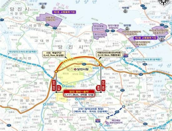 충남 당진시는 ‘국도32호 대체 우회도로 건설사업’이 23일 국토교통부 제6차 국도?국지도 건설계획(2026년~2030년) 일괄 예비타당성조사 대상 사업에 선정됐다고 밝혔다. 사진은 우회도로 노선도. /당진시