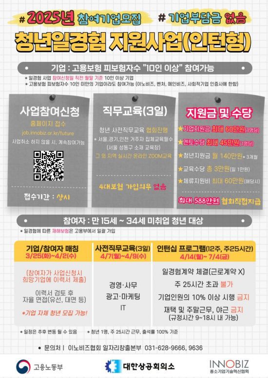 이노비즈협회는 고용노동부와 함께 올해 제2차 미래내일 일경험 지원사업 참여기업을 모집한다고 17일 밝혔다. 이노비즈협회 제공