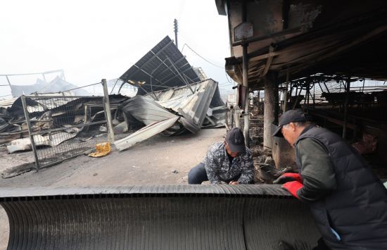 지난달 27일 경북 안동 임하면에서 한 농민이 훼손된 축사를 수리하고 있다. 연합뉴스