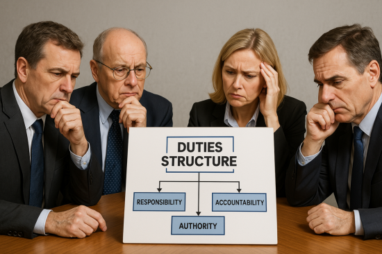 금융사 임원들이 책무구조도를 둘러싸고 고민하고 있는 모습. AI 이미지.