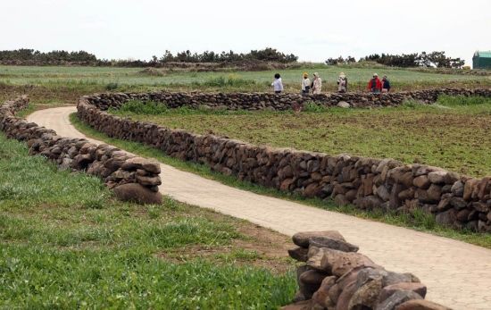 여행객들이 돌담길을 걷고 있다