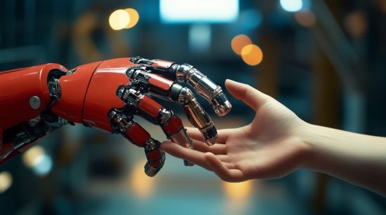 로봇의 손과 사람의 손이 맞잡으려고 하고 있다. 게티이미지뱅크