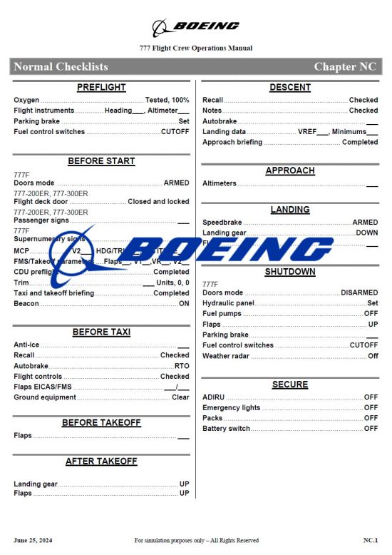 보잉777의 체크리스트 예시. 보잉