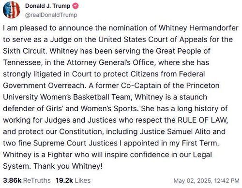 허맨도퍼 판사 지명 발표하는 트럼프 대통령. 사진 = 트루스 소셜 캡처