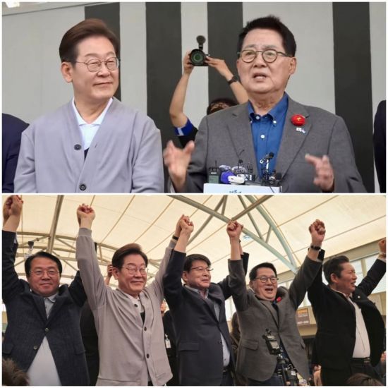 더불어민주당 이재명 대선후보와 박지원 의원이 11일 전남 해남군 해남읍을 찾아 지지자들과 인사하며 지지를 호소하고 있다. 박지원 사무실 제공