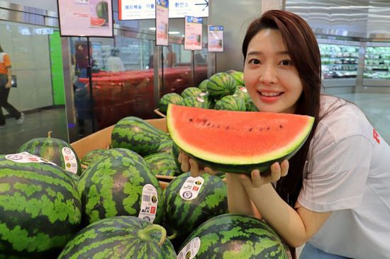 롯데마트 제타플렉스 서울역점에서 AI 수박을 홍보하는 모델의 모습. 롯데마트 제공.