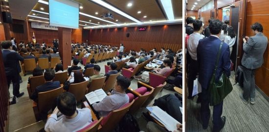 국토교통부가 21일 서울 영등포구 금융투자협회에서 개최한 '부동산 산업 선진화를 위한 리츠 및 PF 정책 설명회'에 참석한 리츠·주택·건설·부동산개발 업계 관계자들. 행사장 내부는 물론 복도에서 서서 설명을 들을 정도로 현장은 북새통을 이뤘다. 최서윤 기자