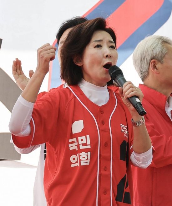 20일 서울 송파구 석촌호수에서 나경원 국민의힘 의원이 시민들에게 김문수 대선 후보 지지를 호소하고 있다. 2025.5.20 김현민 기자