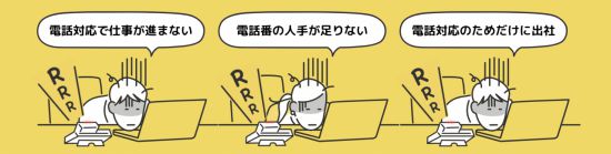 전화대응업체 '폰데스크'의 홍보 그래픽. '전화 받느라 일을 못하겠다', '전화 대응할 사람이 모자란다', '전화 받으려고 출근하는 것 같다'라고 푸념하는 모습이다. 폰데스크.