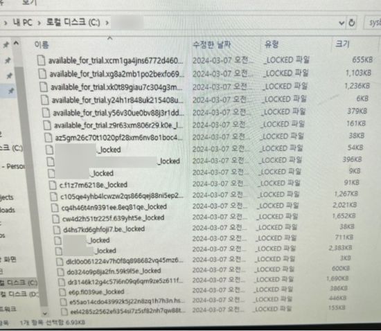 ▲랜섬웨어 감염으로 '.locked'라는 확장자가 붙어 있는 업무파일들 (사진=피해기업 제공)