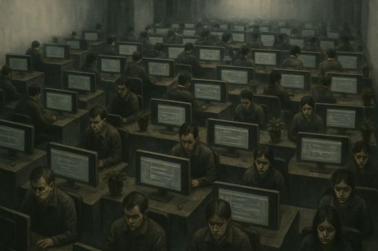 수많은 저임금 노동자들이 모니터 앞에서 이미지 분류 작업을 하는 광경을 AI가 묘사한 이미지. DALL-E3