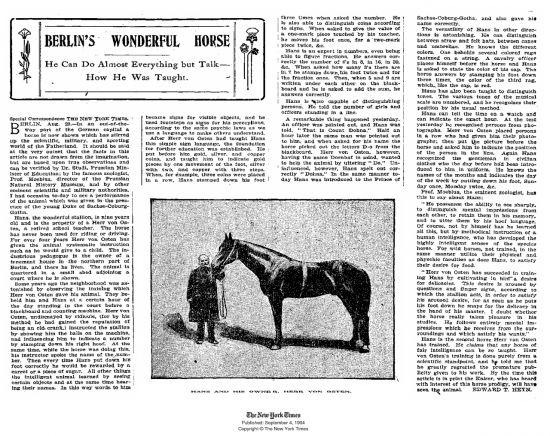 '영리한 말'를 보도한 1904년 9월 4일자 뉴욕타임스의 지면.