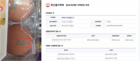 편의점에서 구매한 달걀(왼쪽)과 그 난각번호를 축산물이력제에 검색해본 결과. 농장의 경영자·소재지·사육환경과 함께 포장 및 판매 정보를 확인할 수 있다. 축산물이력제 홈페이지 캡처