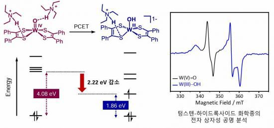 수소결합에 의한 분자 궤도 에너지 준위 감소 현상(왼쪽)과 전자상자성공명(EPR) 분석에 의해 생성이 최초로 관찰된 텅스텐-하이드록사이드 화학종.