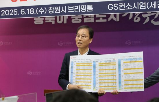 마산해양신도시 4차 공모 신청자 GS컨소시엄의 세경산업개발 권정근 대표가 4차 공모 당시 민간사업자 사업계획서 평가표를 공개하고 있다. 이세령 기자