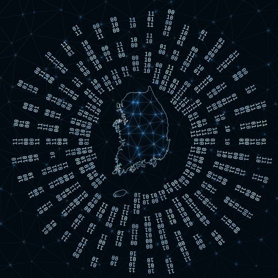 한국과 그 주변을 디지털적으로 묘사한 이미지. 디지털을 상징하는 0과 1이 한국 주위를 둘러싸고 있다. 게티이미지뱅크