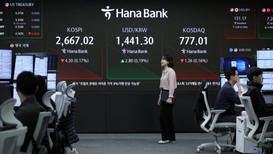 코스피가 연속 상승세를 멈추고 하락 출발한 20일 서울 중구 하나은행 딜링룸 현황판에 코스피 지수와 원/달러 환율 등이 표시되고 있다. 이날 코스피는 전장보다 0.37% 내린 2661.72에 출발했으며 서울 외환시장에서 원/달러 환율은 2원 이상 오르며 강세로 시작했다. 2025.2.20 조용준 기자
