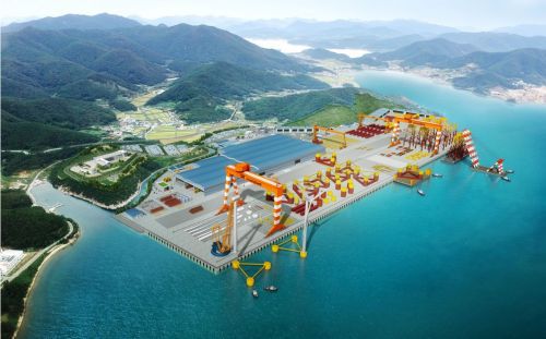 SK오션플랜트가 조성중인 해상풍력 하부구조물 신야드 조감도. 상부구조물까지 결합해 선적할 수 있도록 설계됐다. SK오션플랜트