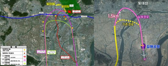 2025년 6월 25일 대만발 중화항공 CI-186편 여객기의 선회 경로와 2002년 돗대산 참사 당시 중국국제항공 CA-129편 여객기 선회 경로. 김해시 제공