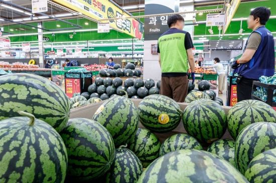 14일 서울 서초구 하나로마트 양재점에 수박이 진열돼 있다. 2025.7.14. 강진형 기자