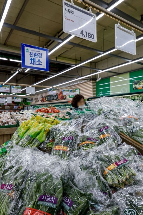 이달 초부터 시작된 때 이른 무더위로 농산물값이 오르는 '히트플레이션' 현상이 나타나며 최근 일주일 새 수박 한 통이 3만원을 넘어서고, 특히 배추나 시금치 같은 더위에 약한 채소 가격이 상승한 가운데 14일 서울 서초구 하나로마트 양재점에 시금치가 진열돼 있다. 2025.7.14. 강진형 기자