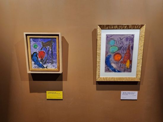 '거울 뒤에서: 생 제르맹 데 프레'(1954) 판화의 초기 스케치 작품인 '생 제르맹 데 프레'(1952~1953, 사진 왼쪽) 작품이 나란히 전시됐다. 이번 전시에서 세계 최초 공개하는 작품의 캡션은 노란색으로 표시했다. 서믿음 기자