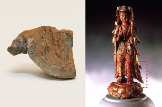 소조상의 옷자락(왼쪽)과 부여 군수리 금동보살입상 참고 사진[사진=국가유산청 제공]